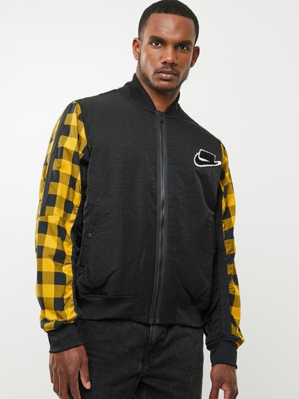 Nike NSW Sportswear Bomber Jacket Black Yellow Plaid Men’s M BV4532-010